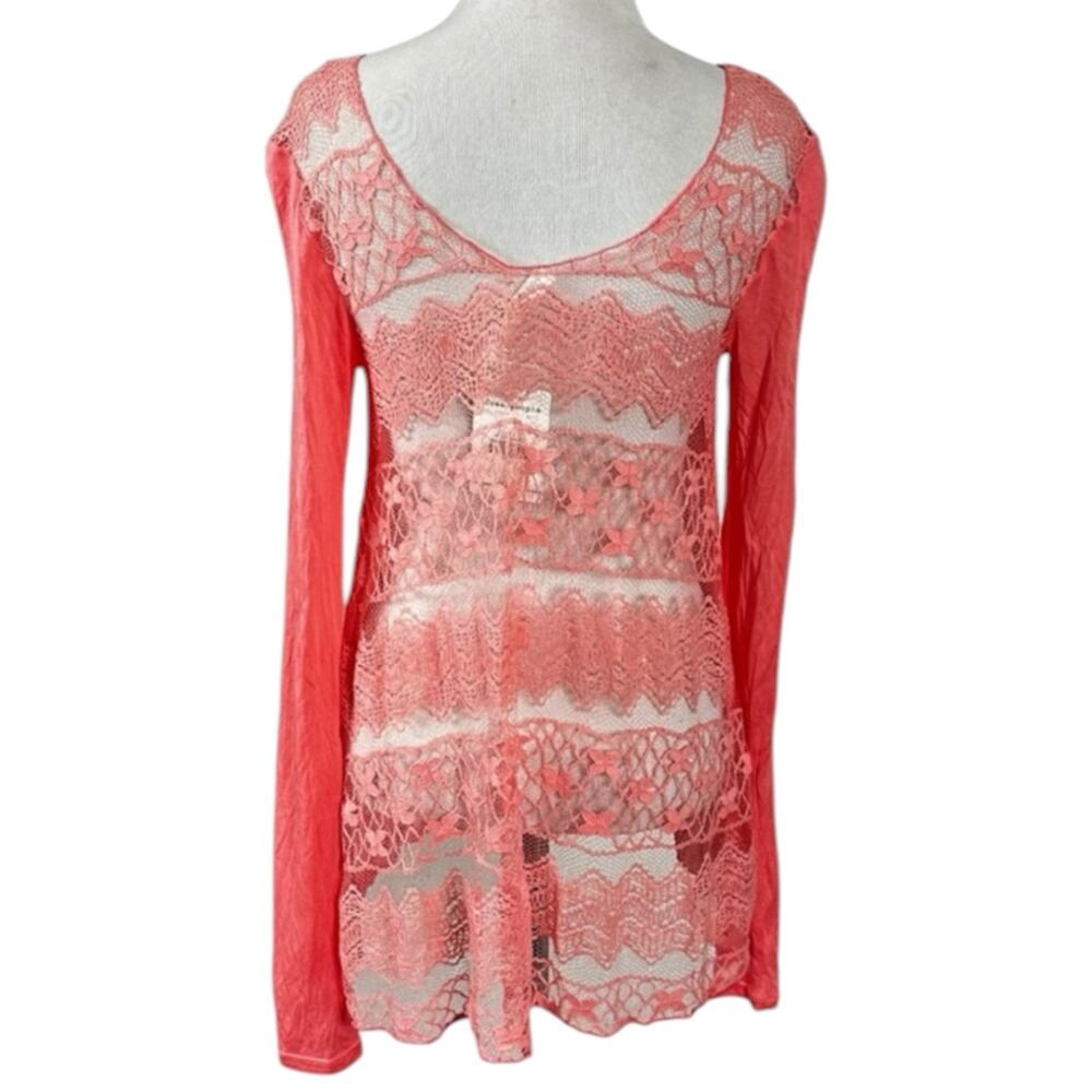 Free People Easy Breezy Jersey Lace Back Tee in Hot Peach Size XS NWT Oversized